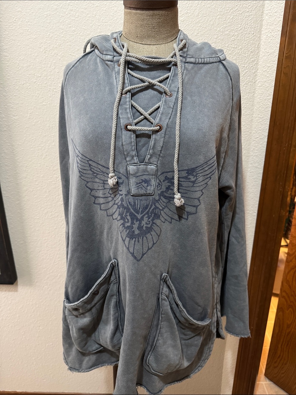 Free People Lace-Up Pullover Hoodie with Winged Graphic - Slate Gray Vintage